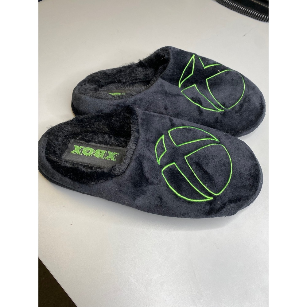 Xbox Mens Black Green Logo Plush Faux Fur Lined House Slippers Size 10-11